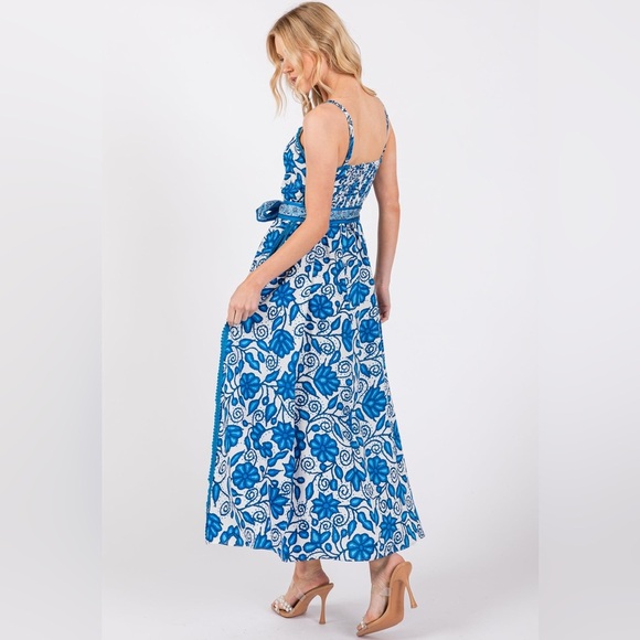 Current Air Blue and White Floral Midi Dress Crochet Accent Belted Pockets Small - Picture 3 of 14